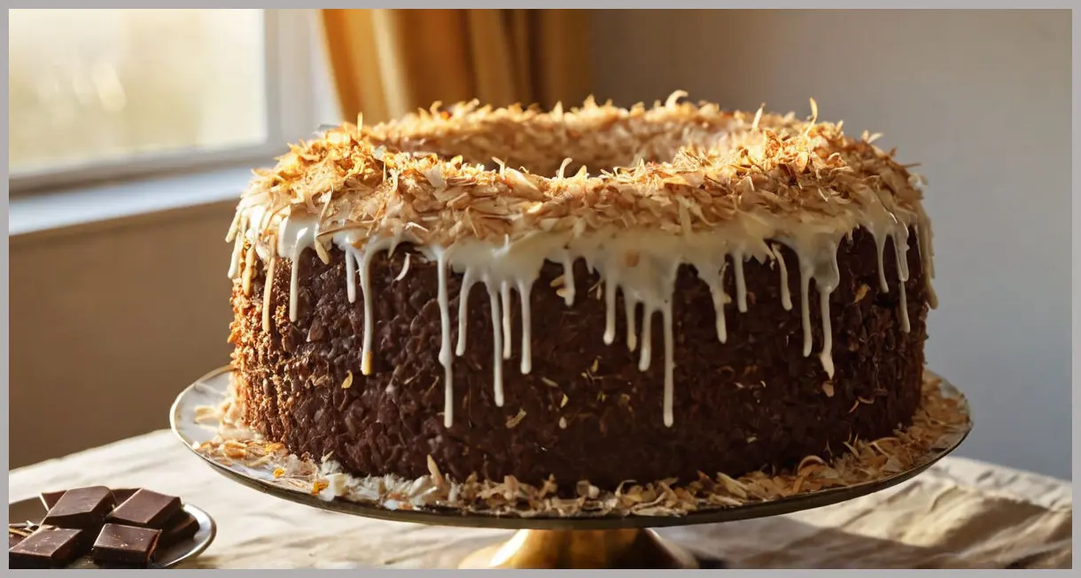 Sliced coconut cake on a vintage stand, golden hour light revealing fluffy crumb and chocolate glaze. Easy coconut and chocolate cake