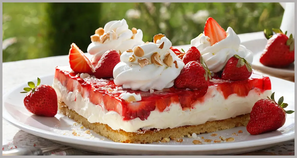 Close-up of sliced Eton mess traybake on ceramic plate, almond sponge, strawberries, meringue, and cream in golden hour light. Eton mess traybake