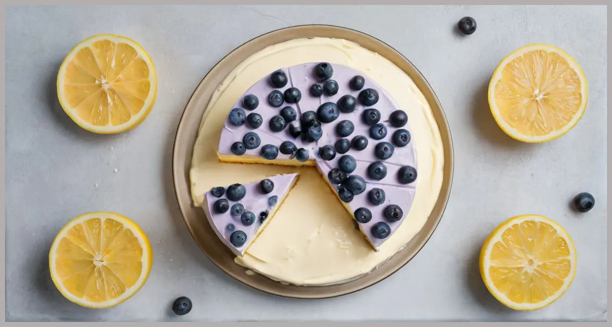 Overhead flat lay of a sliced frozen lemon and blueberry mousse cake, revealing layers of sponge, mousse, and blueberries, with white chocolate drizzle on a pastel background.