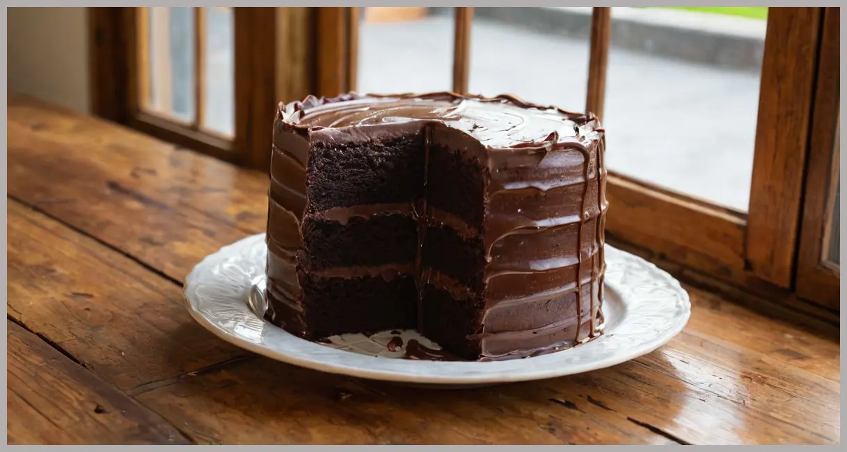A freshly sliced Paul Hollywood’s chocolate fudge cake on a rustic wooden table, bathed in soft natural daylight, layers revealed.