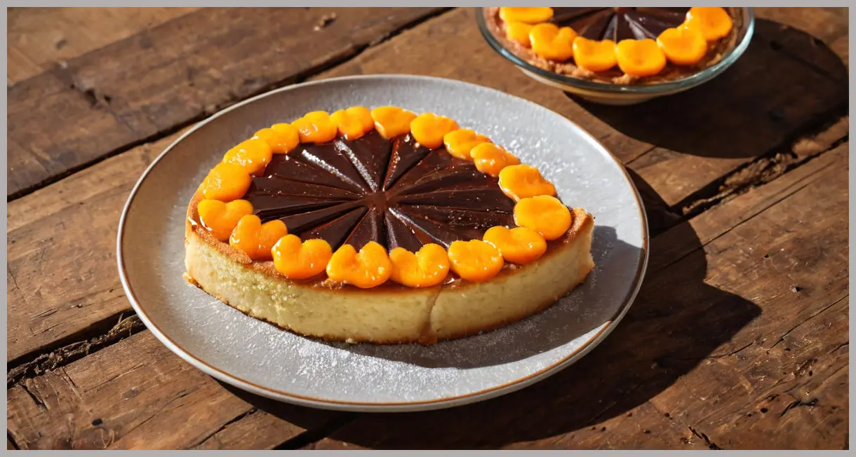 Overhead view of a Giant Jaffa Cake sliced into 12 triangular pieces, chocolate drips and glistening orange jelly on rustic wood.