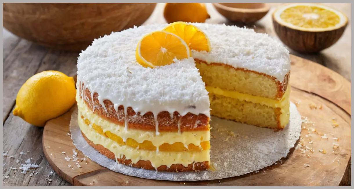 A close-up of freshly sliced lemon and coconut cake, golden hour glow, creamy layers with lemon curd filling, rustic wooden table setting.