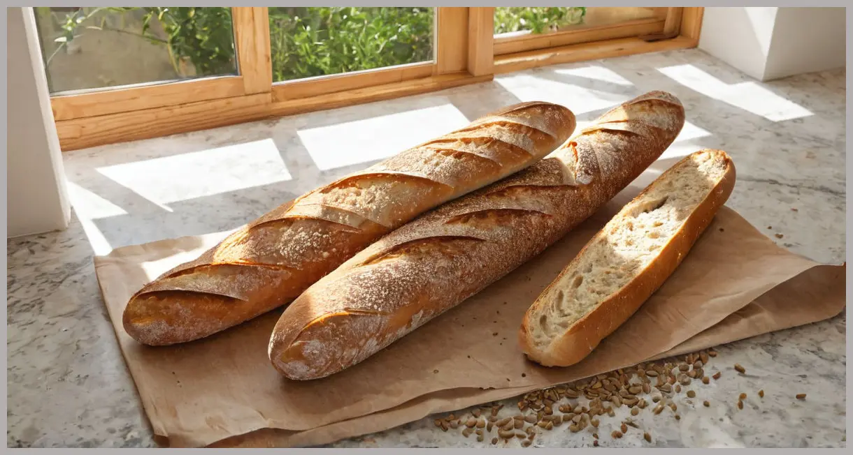 Overhead flat lay of The Dusty Knuckle’s linseed baguettes sliced and fanned, midday sunlight on marble, seeds and crust in sharp focus.