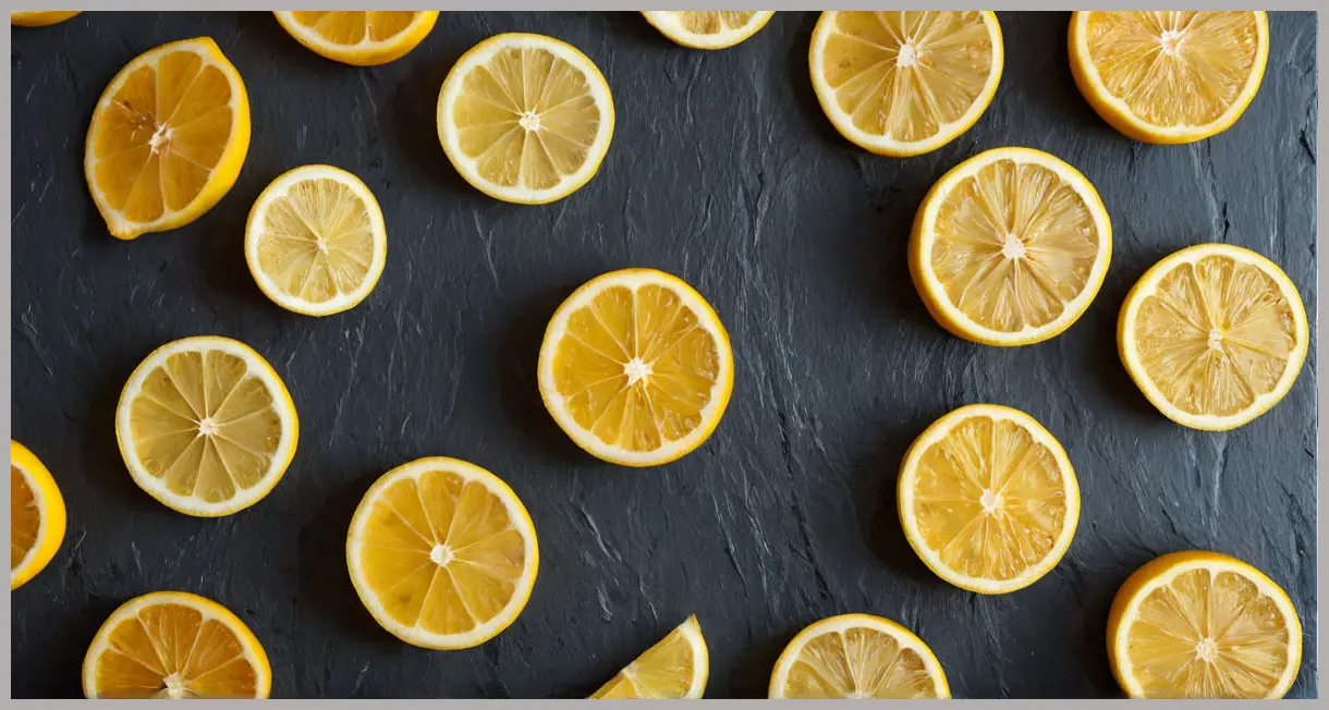 Top-down view of sliced preserved lemons arranged in a circle on a slate board, with soft studio lighting and subtle reflections. Preserved lemons