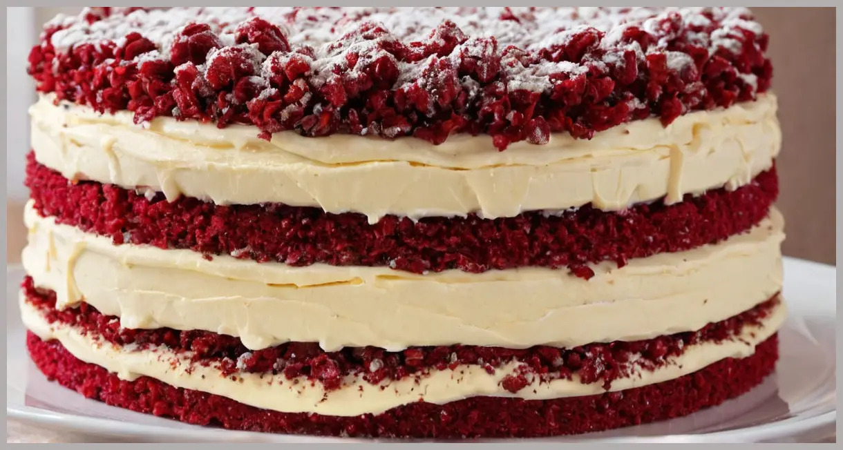 A close-up of a freshly sliced Red Velvet Cake, six layers with cream cheese frosting, ruby-red crumb, and golden edges. Red velvet cake