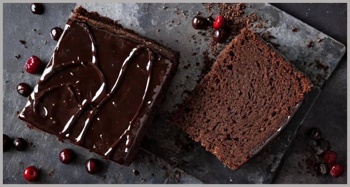 Top-down macro of sliced vegan chocolate cake, high-contrast lighting, glossy ganache and jam layers in sharp focus.