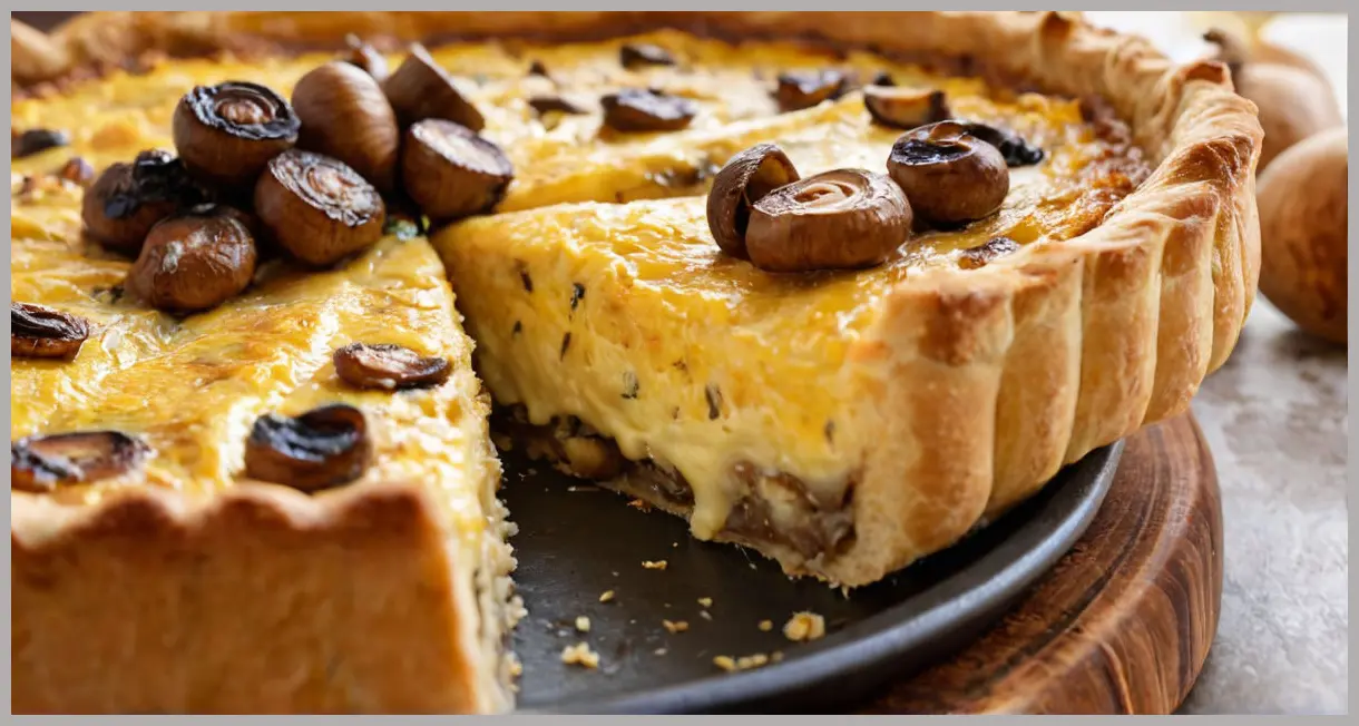 Close-up of a vegan quiche slice with flaky crust, silky custard, and caramelized mushrooms lifted from the pan. Vegan quiche