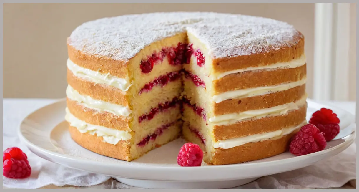 Close-up of a sliced vegan Victoria sponge cake with golden layers, raspberry jam, and lemon buttercream, dusted with icing sugar.