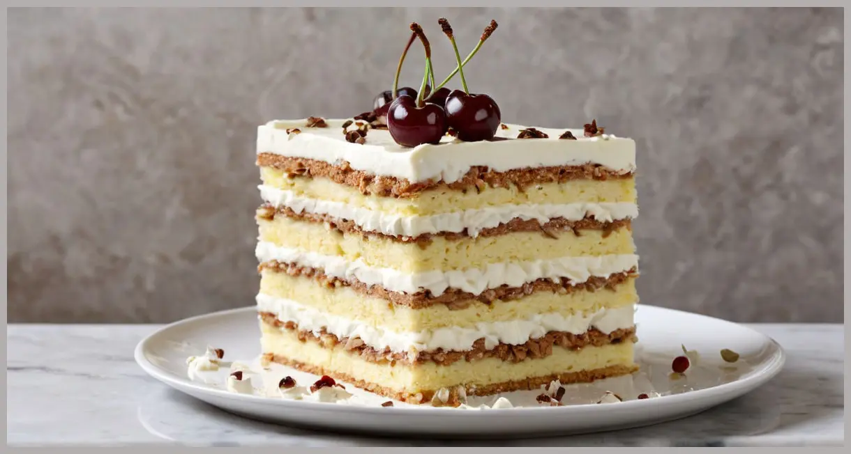 Close-up of a freshly sliced White Forest Gateau on marble, showcasing creamy layers, kirsch cherries, and chocolate curls. White forest gateau