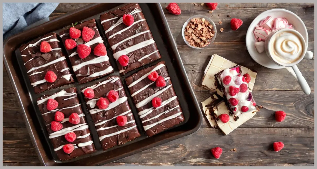 Overhead view of a sliced chocolate and berry traybake on a wooden table, bathed in morning sunlight with white chocolate drizzle and fresh raspberries.