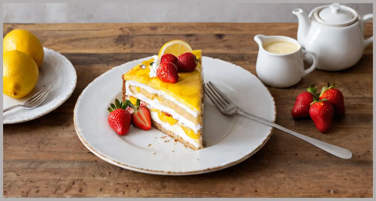 Overhead flat lay of a sliced lemon and strawberry meringue cake on wood, showcasing three layers, dripping curd, and a strawberry meringue crown in warm golden hour light.