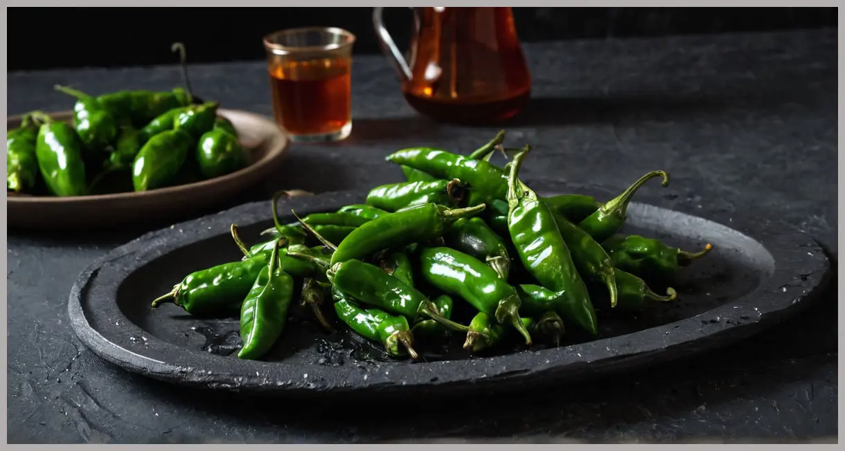 Dutch angle shot of blistered Padron peppers on slate, dusted with smoked paprika, under moody spotlight. Padron peppers