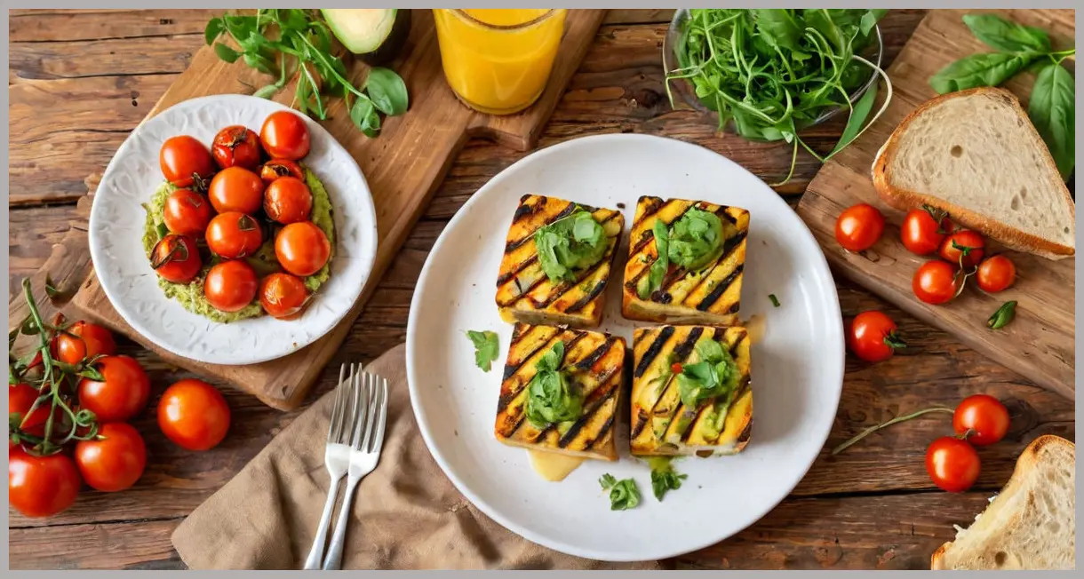 Golden hour top-down shot of smoky chipotle tofu cubes, juicy cherry tomatoes, and creamy avocado on toasted sourdough. Smoky chipotle tofu with tomatoes and avocado