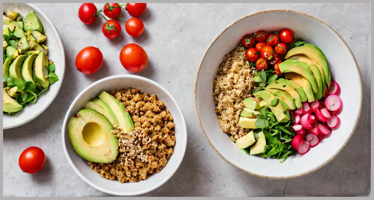 Overhead flat lay of smoky chipotle tofu and avocado salad with quinoa, tomatoes, and lime in a white bowl. Smoky chipotle tofu with tomatoes and avocado