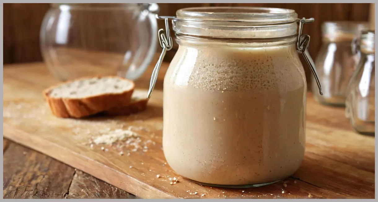 A close-up of The Dusty Knuckle’s sourdough starter in a glass jar, bubbling under morning light, golden crust forming, rustic wooden table backdrop.
