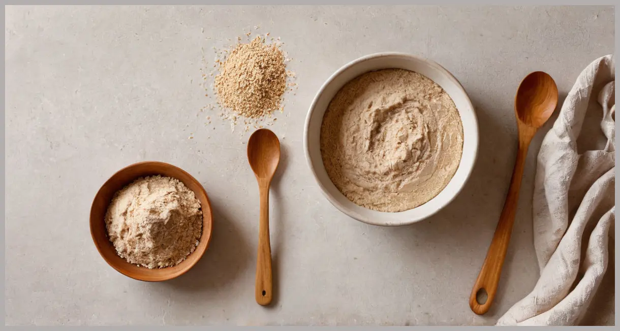 Overhead view of The Dusty Knuckle’s sourdough starter in a ceramic bowl, surrounded by whole-wheat flour, scales, and a wooden spoon, bright daylight.