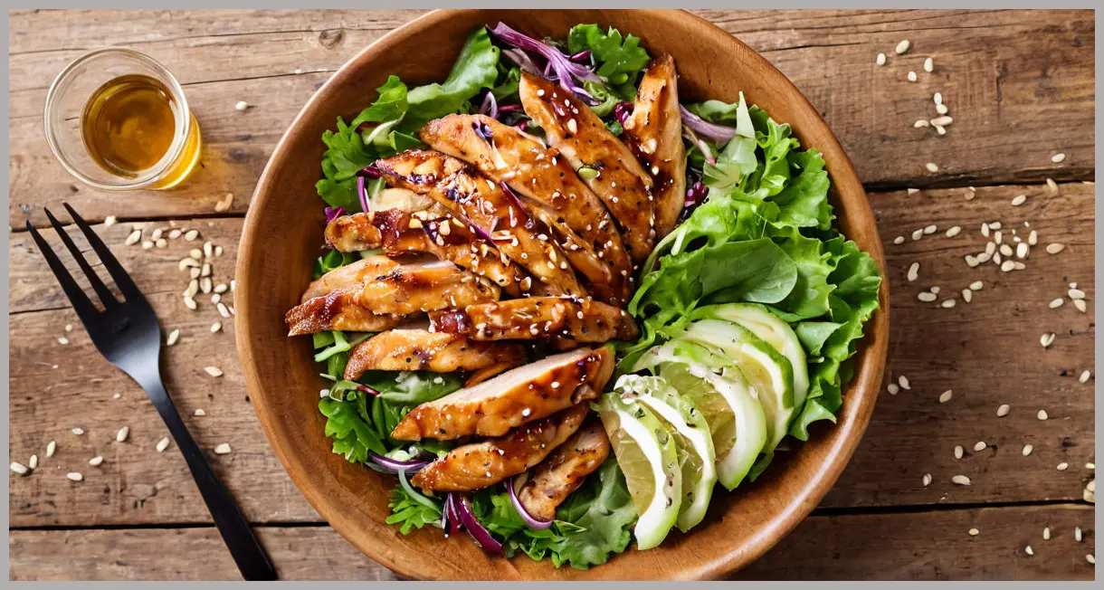 Top-down view of a soy-glazed chicken salad with crisp lettuce, caramelized chicken, sesame seeds, lime, and herbs on a wooden table.