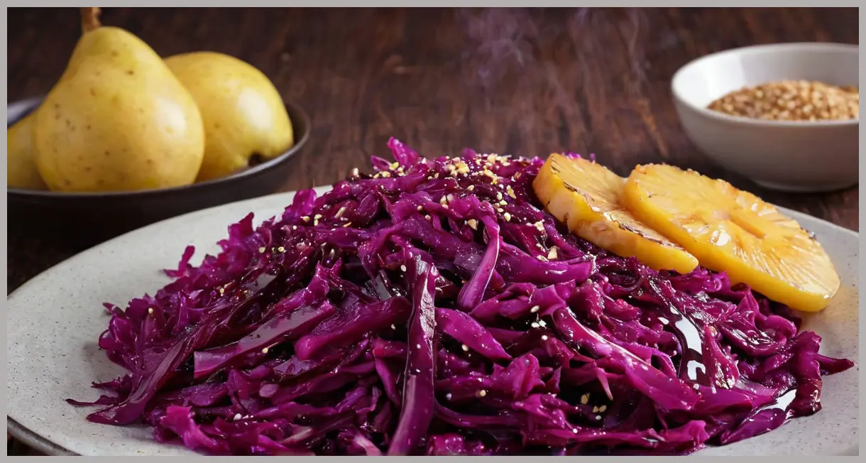 Close-up of stir-fried red cabbage with pear and five spice, glossy sauce under soft studio light, caramelized edges in focus.