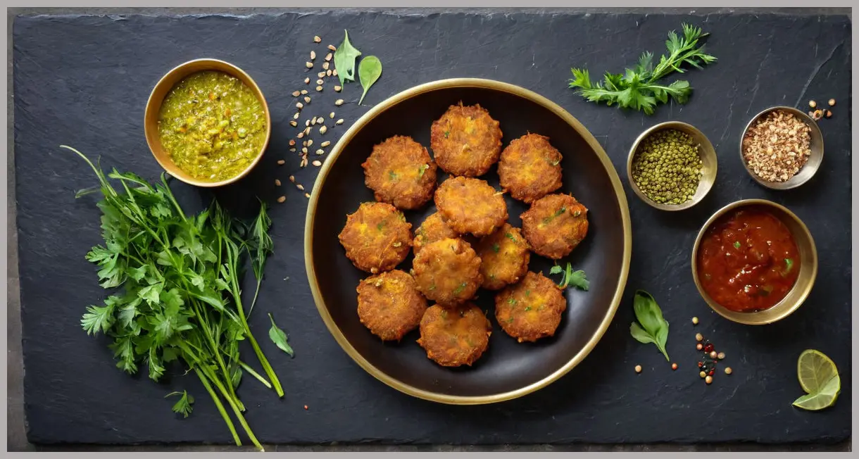 Overhead view of Jodhpuri mirchi vada on slate platter with tamarind chutney, fennel seeds, and coriander. Jodhpuri mirchi vada (spiced chilli fritters)
