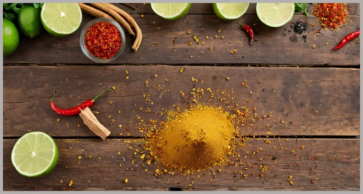 Overhead view of lime slices, crushed spices, and golden oil on wood, evoking homestyle pickle preparation. Lime pickle