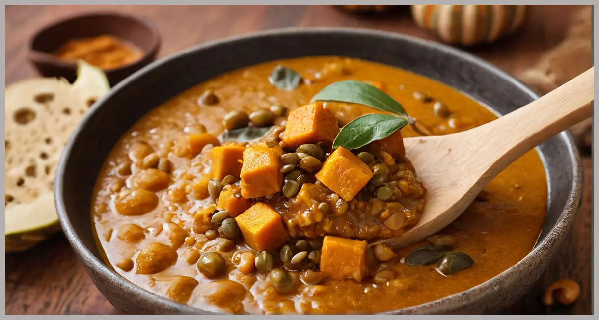 Close-up of a wooden spoon with pumpkin curry, tamarind sauce, mustard seeds, and curry leaves. Pumpkin curry