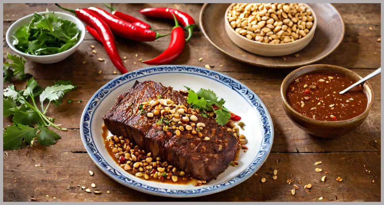 Overhead view of a caramelized spiced brisket with chilli, lime, peanut and coriander, drizzled with glossy sauce, topped with peanuts and herbs.