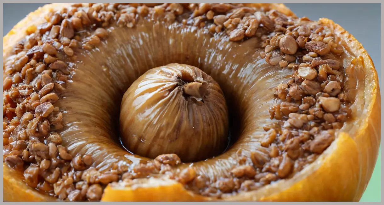 Macro shot of a split nut roast ball, gravy filling the crevice, a single green leaf curled around it. Nut roast balls, onion gravy and greens