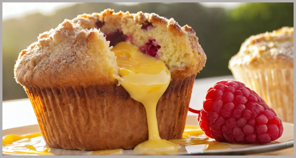A split raspberry and custard muffin revealing its moist crumb and raspberry swirls, backlit by warm golden hour light.