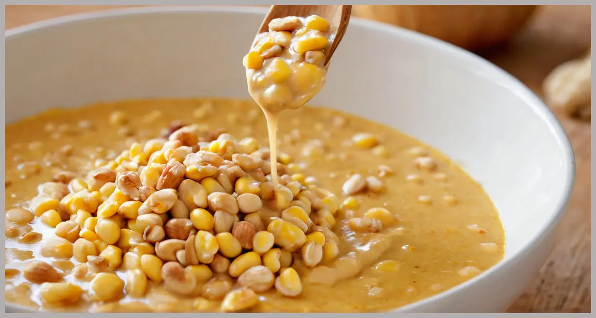 Corn on the cob peanut curry in a spoonful, backlit golden glow, creamy coconut sauce dripping, crushed peanuts and corn kernels.