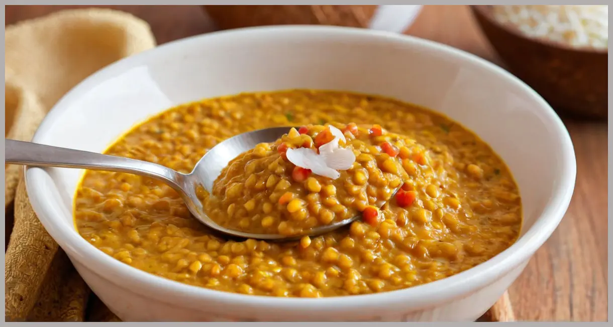 Macro shot of a spoonful of thick coconut dhal, creamy texture with visible lentils and spices, warm overhead light. Coconut dhal and chapatis