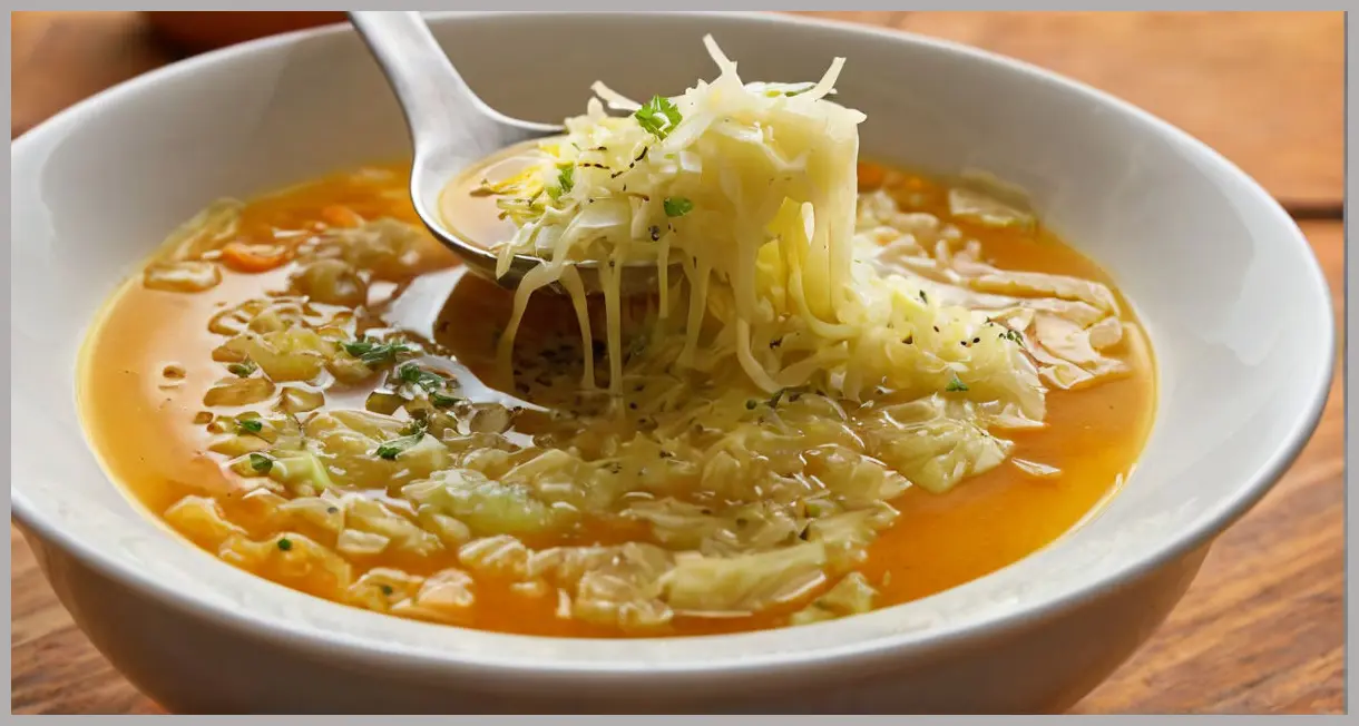 A macro shot of Shchi (cabbage and caraway soup) on a spoon, golden broth dripping, backlit warmth. Shchi (cabbage and caraway soup)