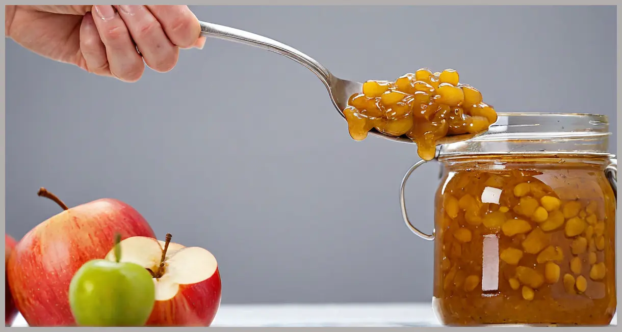 Runner bean and apple chutney on a spoon, syrup strands stretching, macro shot with ultra-sharp focus on texture and chunks.