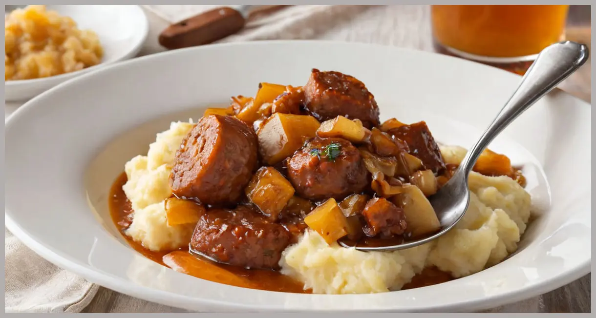 Veggie sausage casserole with apples and cider lifted by a spoon, glossy sauce, caramelized onions, golden tones, creamy mash in background.