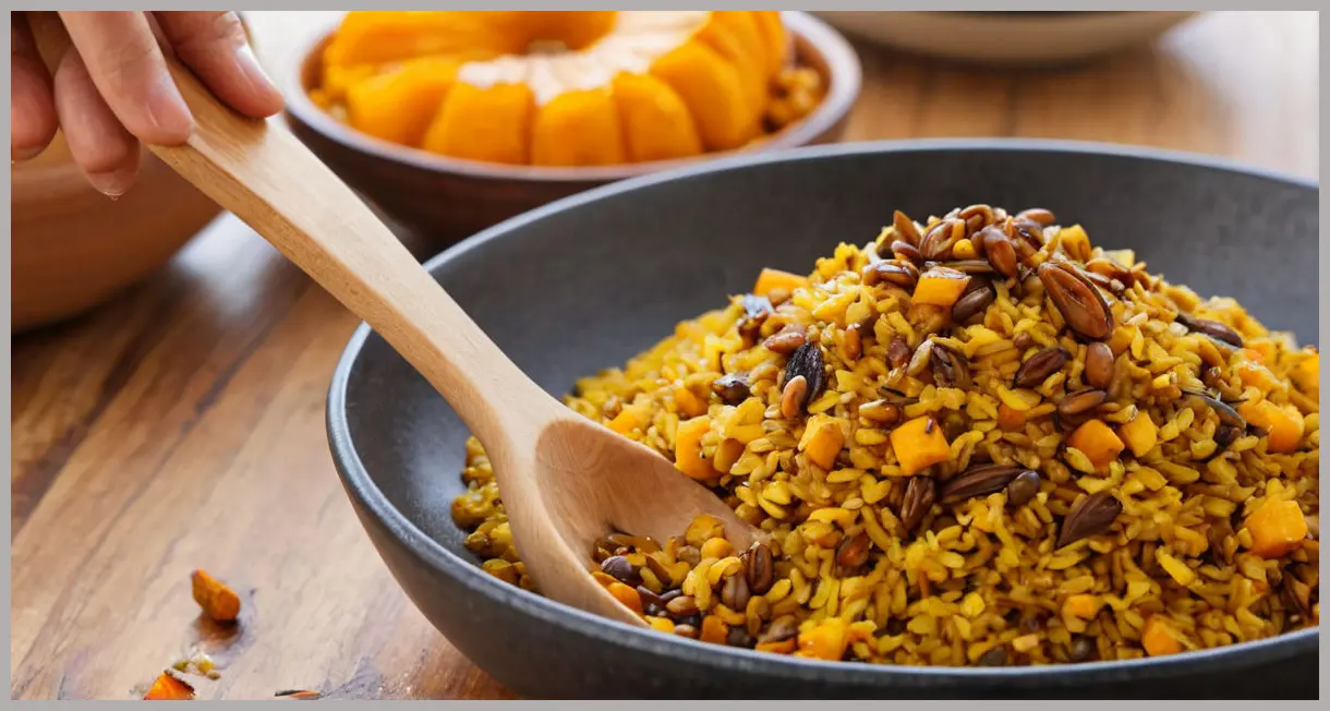 Close-up of a wooden spoon lifting a bite of spiced rice and lentils with roast squash, showcasing turmeric-stained grains and caramelized squash edges.