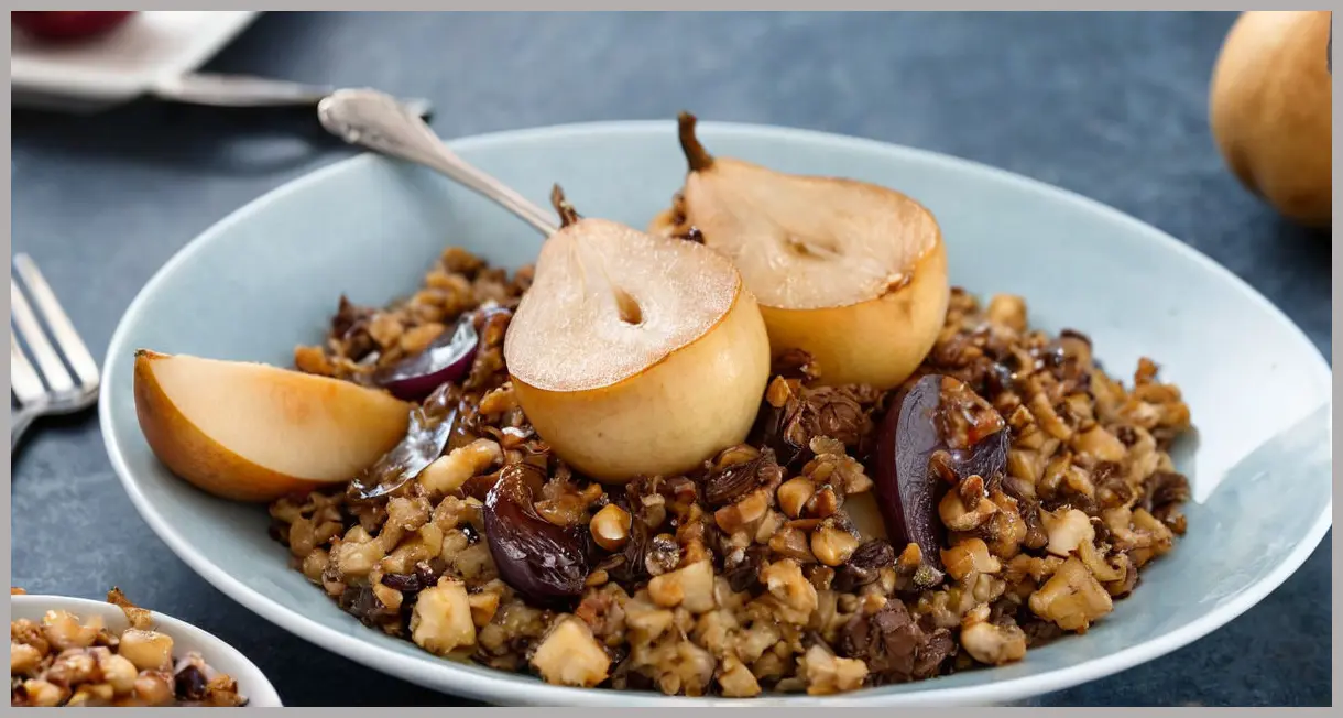 Macro shot of a spoonful of stuffing, detailed caramelised onions, pears, chestnuts, glossy texture, soft studio light with cool tint. Caramelised onion, pear and chestnut stuffing
