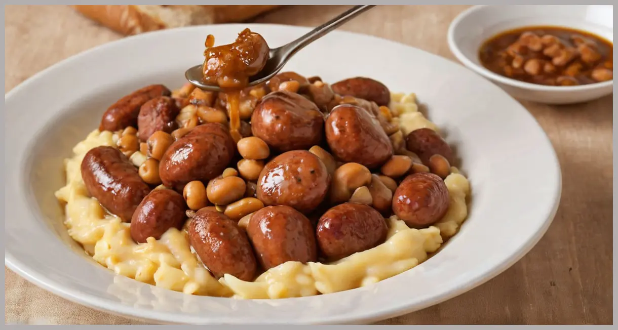 Vegan sausage casserole close-up, a spoon lifting a chunky bite with dripping gravy, caramelized sausages and butter beans in focus.