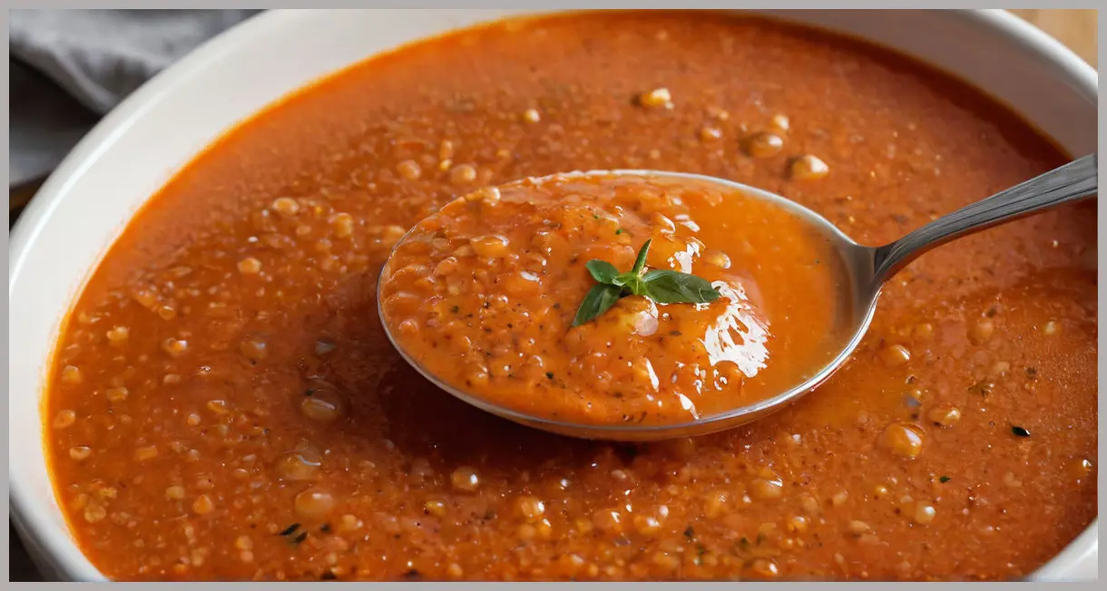 Close-up of a spoon lifting José Pizarro’s carajamandanga (chilled tomato soup), showcasing its velvety texture and golden olive oil droplets in warm backlighting.