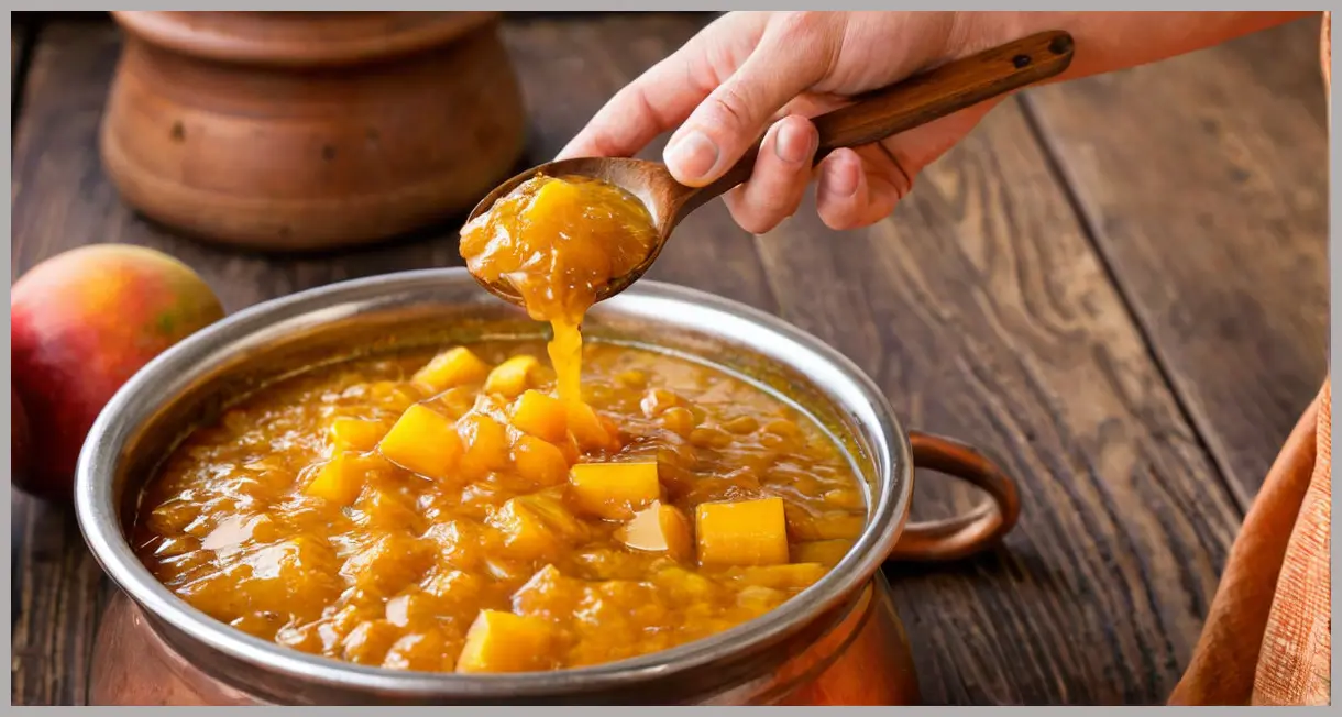 A wooden spoon lifts thick, glossy mango chutney from a copper pot, ginger strands glistening in warm side light. Mango chutney (Aam ki meethi chutney)