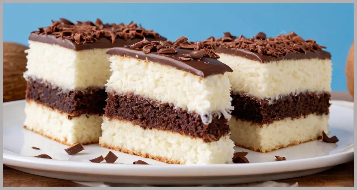 Stacked coconut cake slices with oozing chocolate glaze, cool studio light, and playful dutch angle. Easy coconut and chocolate cake