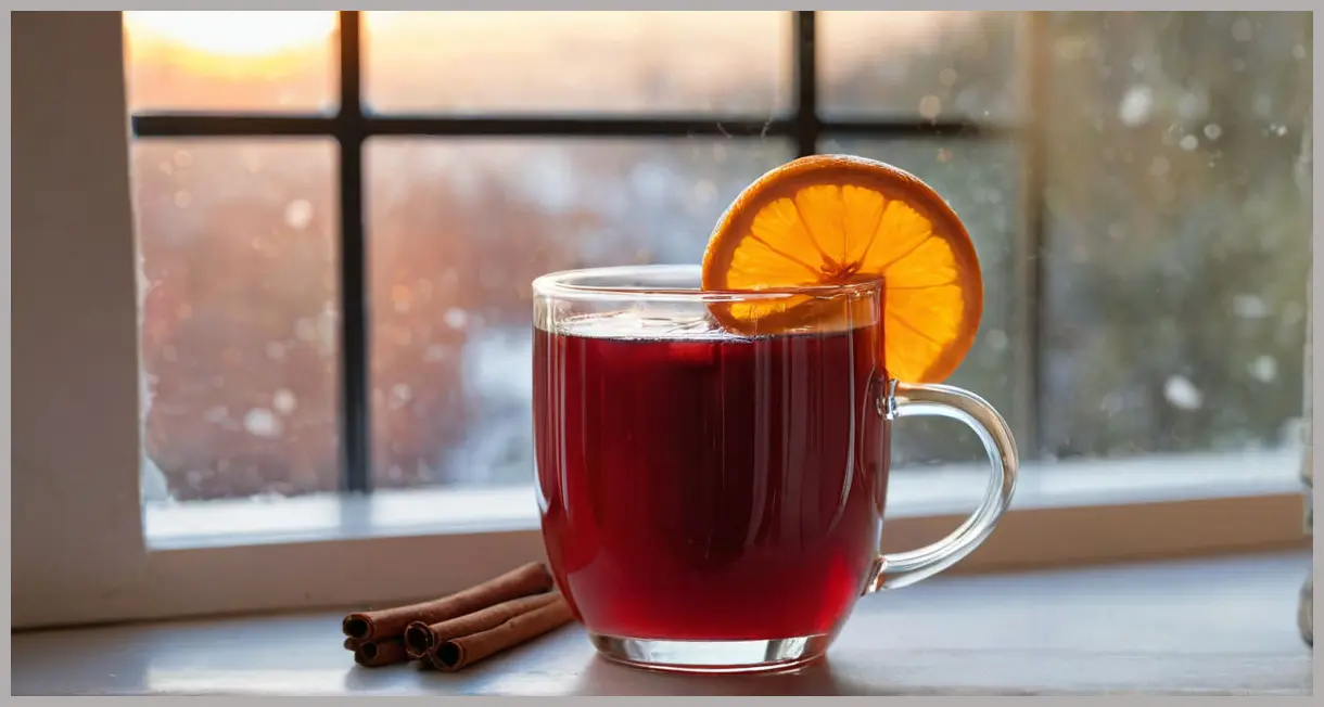 A steaming heatproof glass mug of rich ruby Christmas mulled wine, garnished with an orange slice, cinnamon stick, and star anise, in a soft golden hour light.
