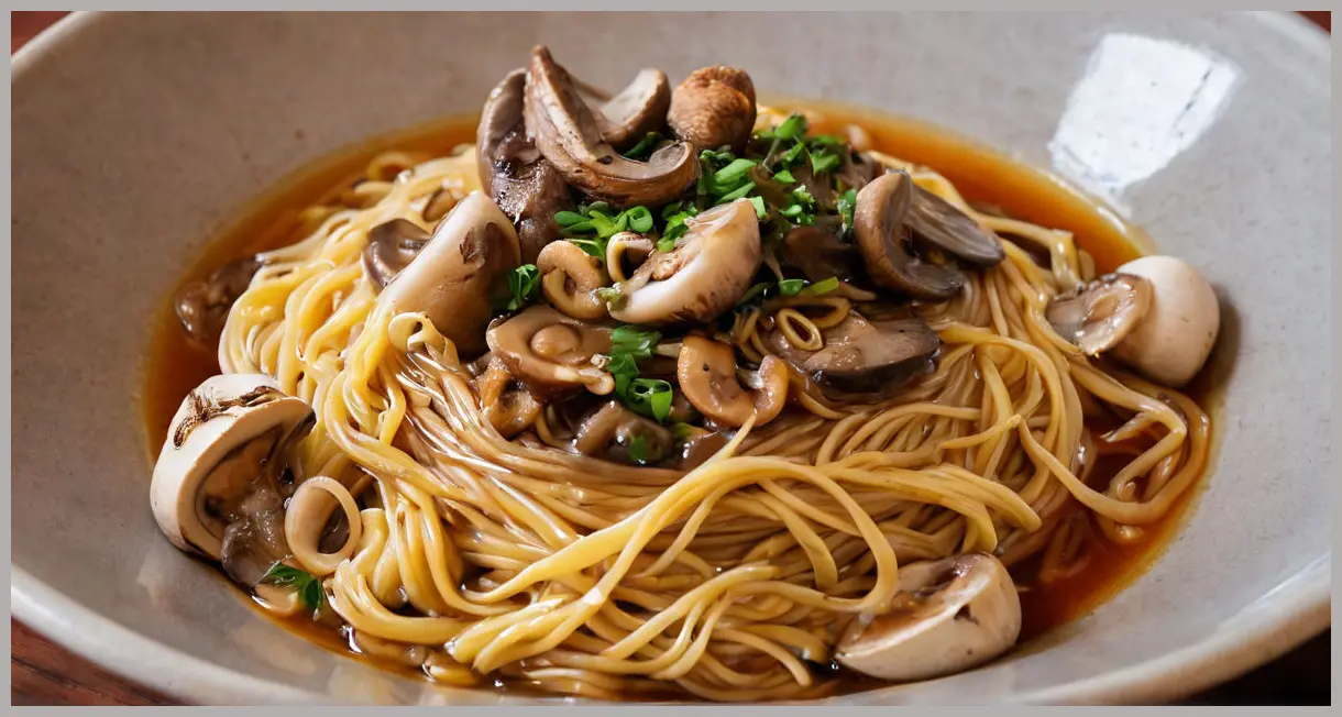 A close-up of a steaming bowl of Chinese noodles with mushrooms, glossy egg noodles, and aromatic garlic-chilli sauce. Chinese noodles with mushrooms