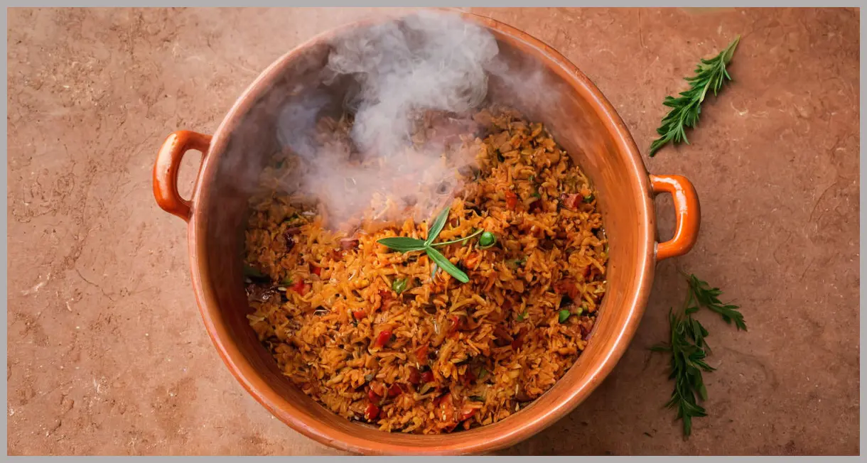 Smoky jollof rice in a clay pot, top-down view, golden hour glow, garnished with thyme, steam rising, rich textures. Cozy and inviting.
