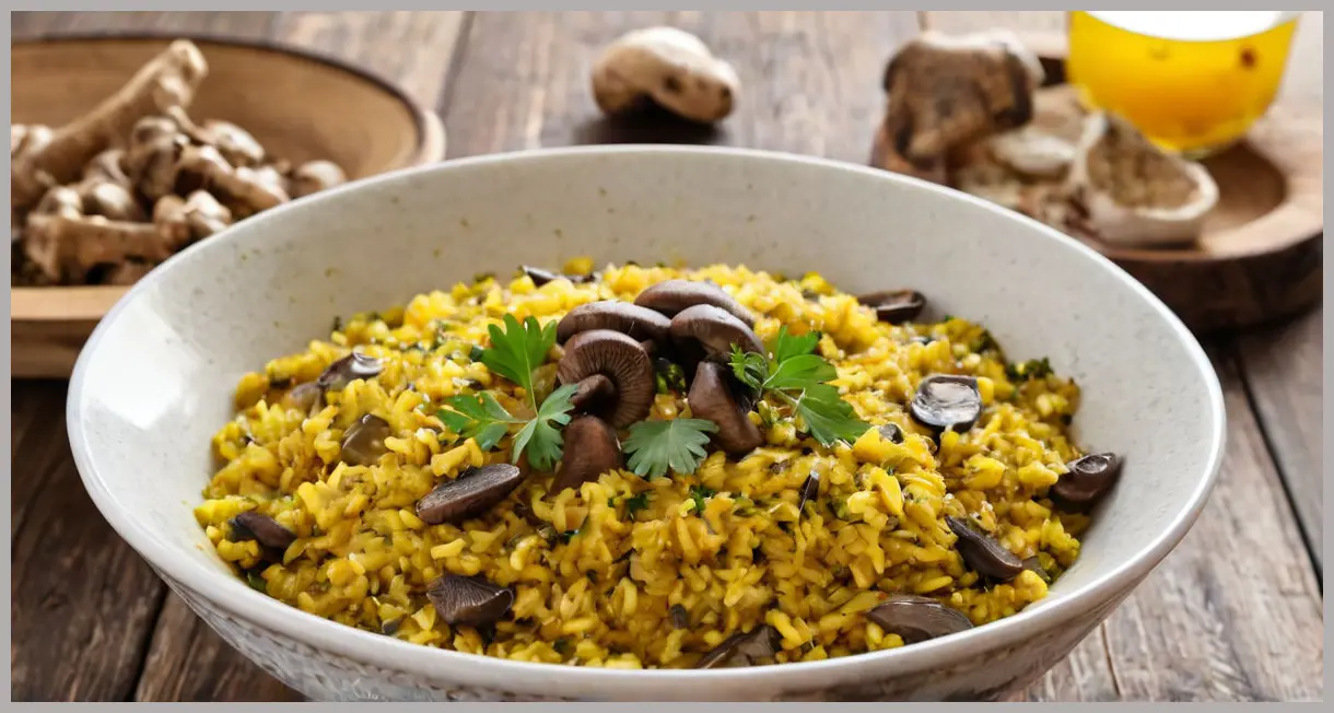 A wide-angle shot of a steaming bowl of Mushroom and truffle khichadi on rustic wood, golden mushrooms with truffle oil, vibrant rice, and fresh coriander garnish.