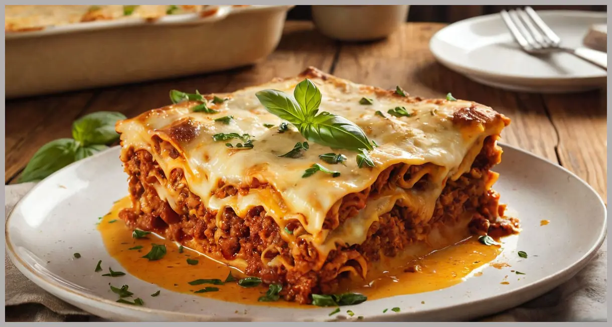 Dutch angle of a steaming Ultimate vegan lasagne, golden cheese, rustic dish, warm kitchen light, wooden table, scattered basil.