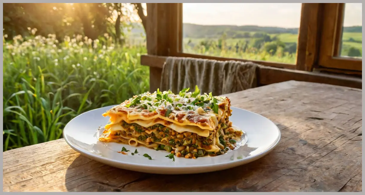 Angled shot of vegan wild garlic lasagne with steam rising, layered filling, and golden backlight on wooden table. Vegan wild garlic lasagne