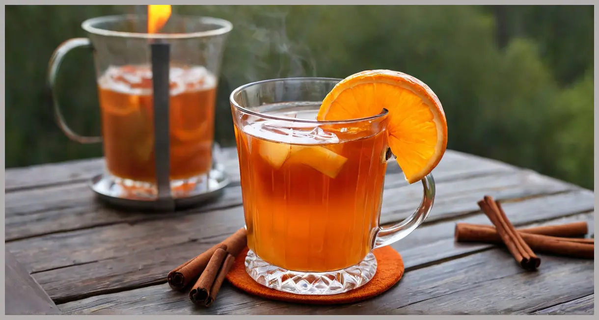 A photorealistic image of a steaming Whisky Aperol hot toddy in a clear glass mug, garnished with orange and cinnamon, against a cozy, candlelit background.