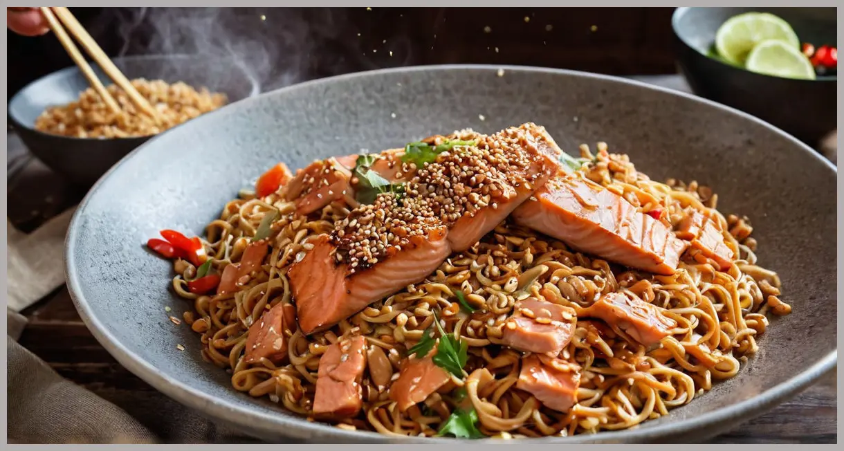 Dynamic dutch angle of steam rising from a wok of peanut, sesame and ginger noodles with wild Alaskan salmon, glossy sauce, flaked salmon, and vibrant garnishes under dramatic side lighting.