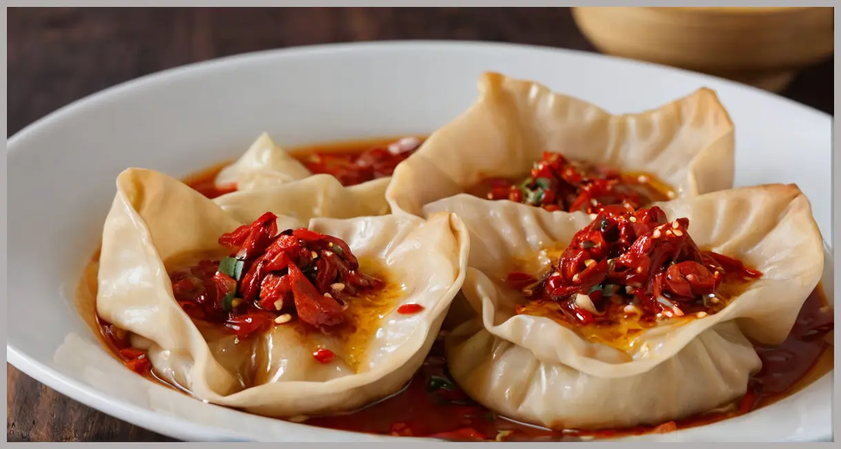 Close-up of steaming poached wontons bathed in glossy chilli-garlic sauce, garnished with coriander and red chilli flakes. Poached wontons in chilli-garlic sauce