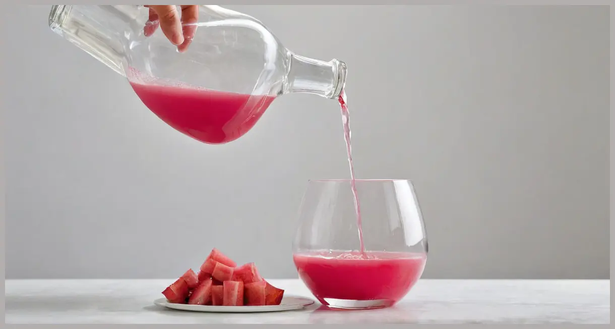 A clear glass funnel with white muslin cloth, straining rich pink Super-easy rhubarb vodka into a sterilised bottle, showing liquid separating from pulp.