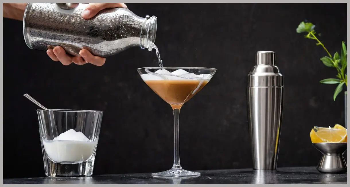 A medium shot photorealistic image showing a Gin espresso martini being double strained from a shaker into a chilled coupe glass.